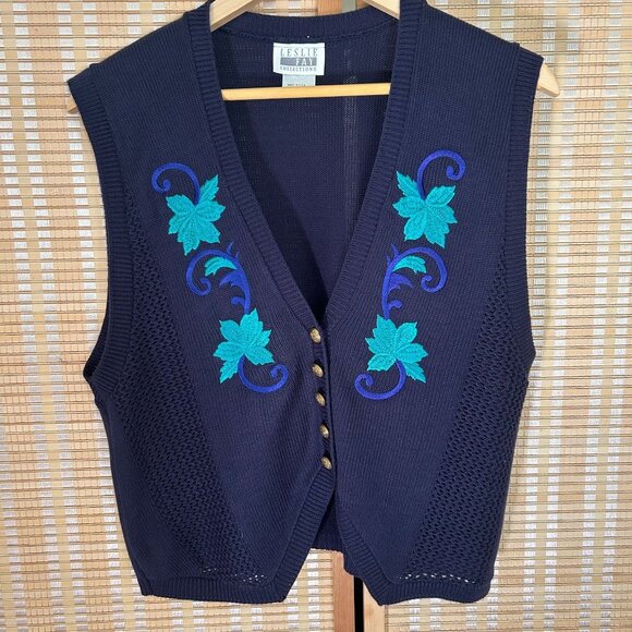 Leslie Fay Navy Knit Sweater Vest With Embroidered Teal Leaves & Gold Buttons - Picture 1 of 8